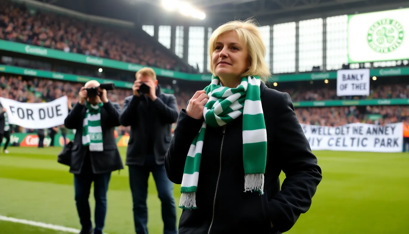 A closeup of Nancy on the pitch during a match, demonstrating her skill and determination, which quickly earned her the admiration of Celtic supporters