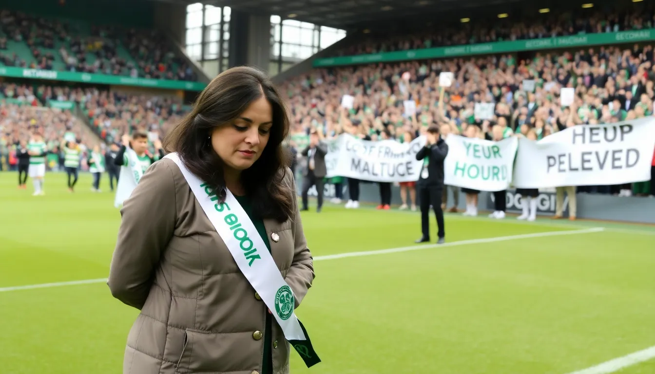The Celtic Football Club logo prominently displayed on the stadium, symbolizing the rich history and high expectations that framed Nancy's short tenure as manager