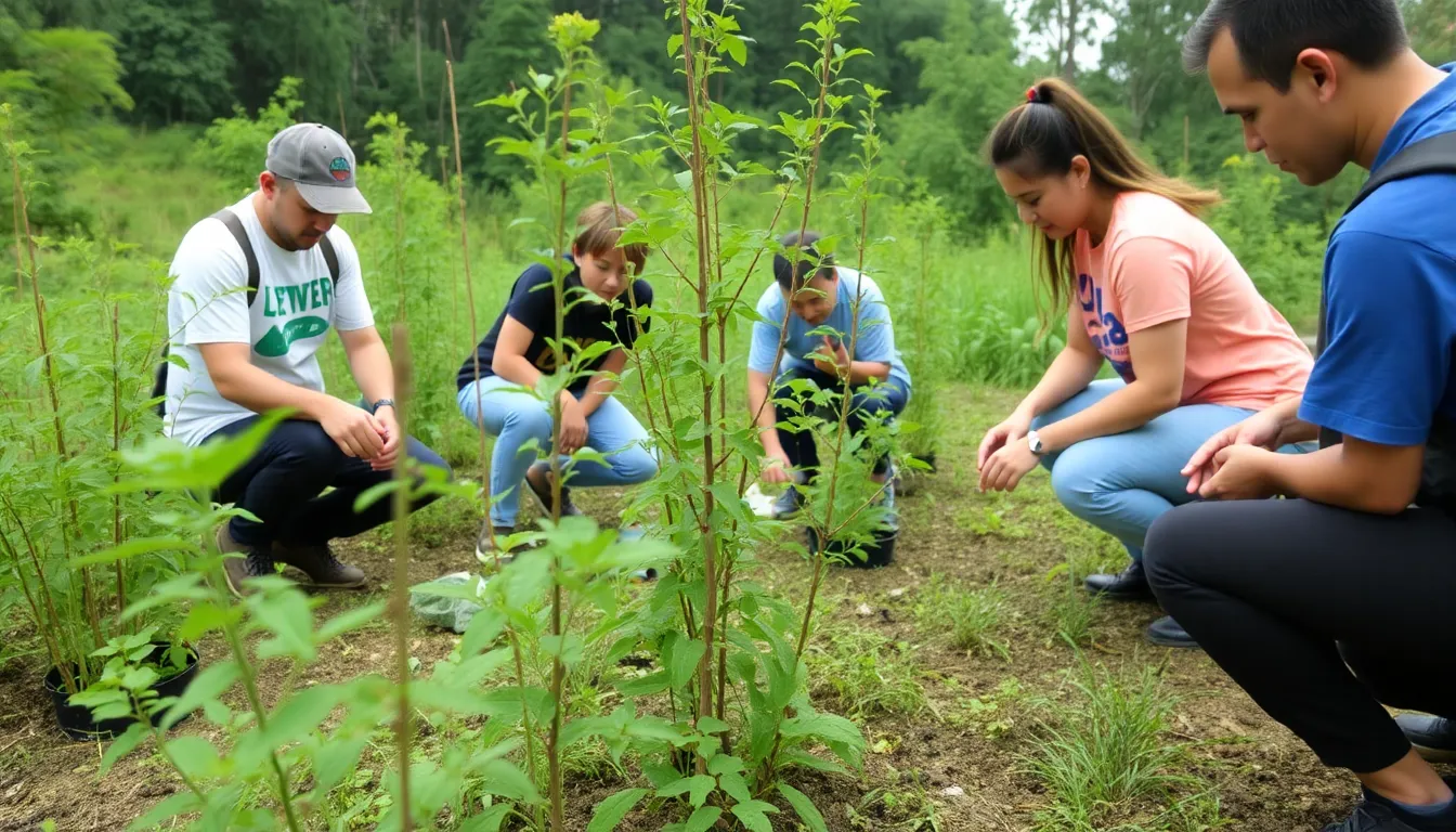 A group of volunteers plants native trees in a designated nature recovery zone, surrounded by lush greenery and wildlife.