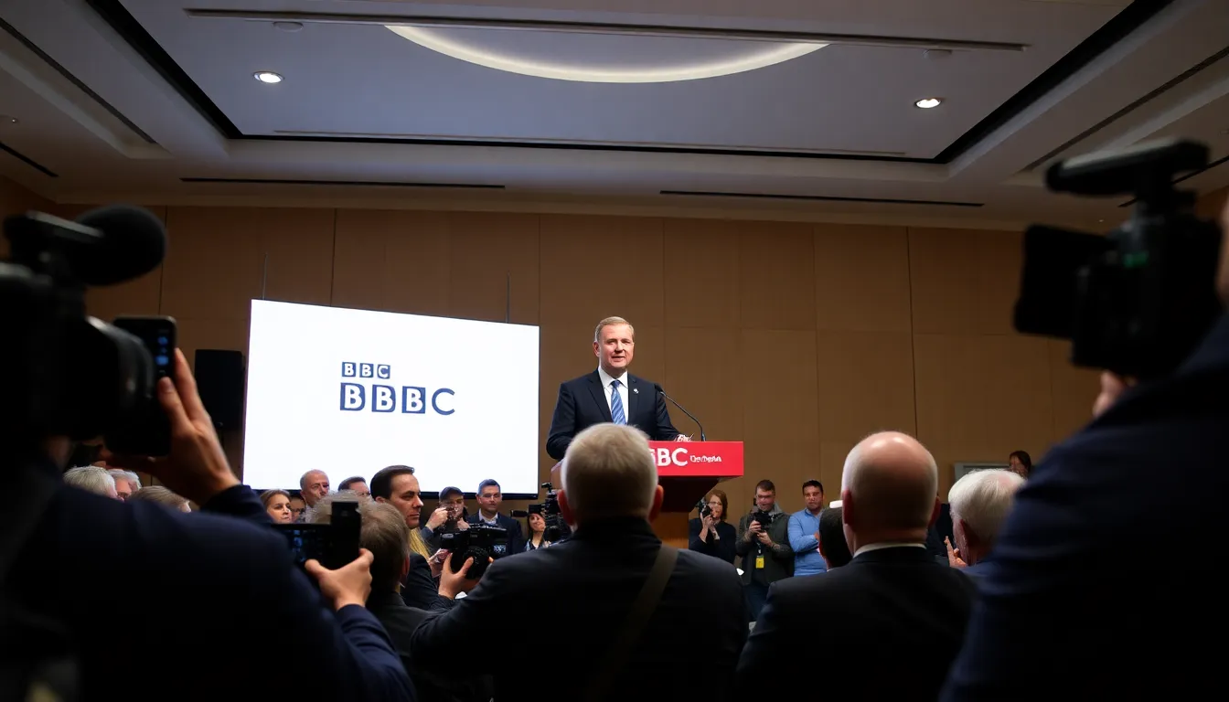 Tim Davie, the new directorgeneral of the BBC, speaks at a press conference addressing the organization's challenges, with reporters and cameras capturing the moment.
