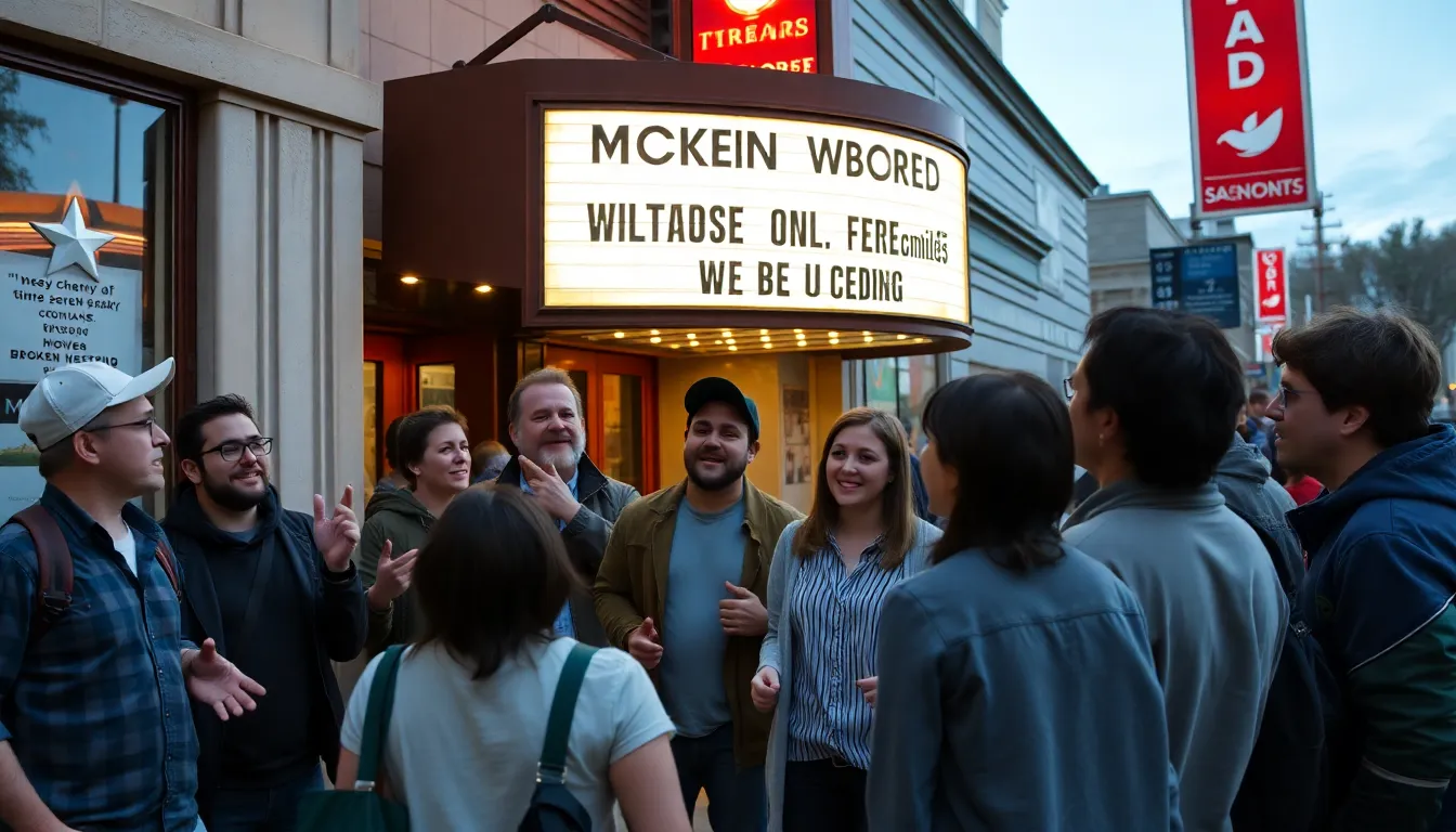 A group of excited fans gathers outside a movie theater, eagerly discussing the announcement of a new adaptation of the Broken Sword video game series.