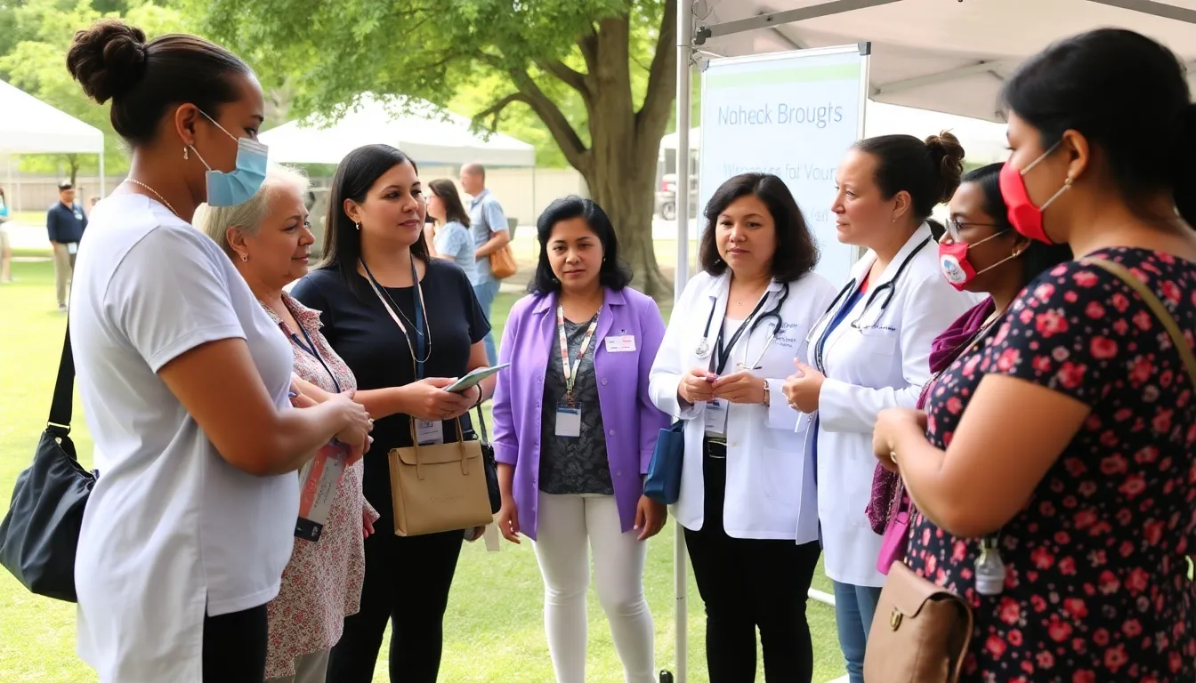 A group of women gathers at a community health fair, engaging with healthcare professionals about a new cancer test designed specifically for women's health.