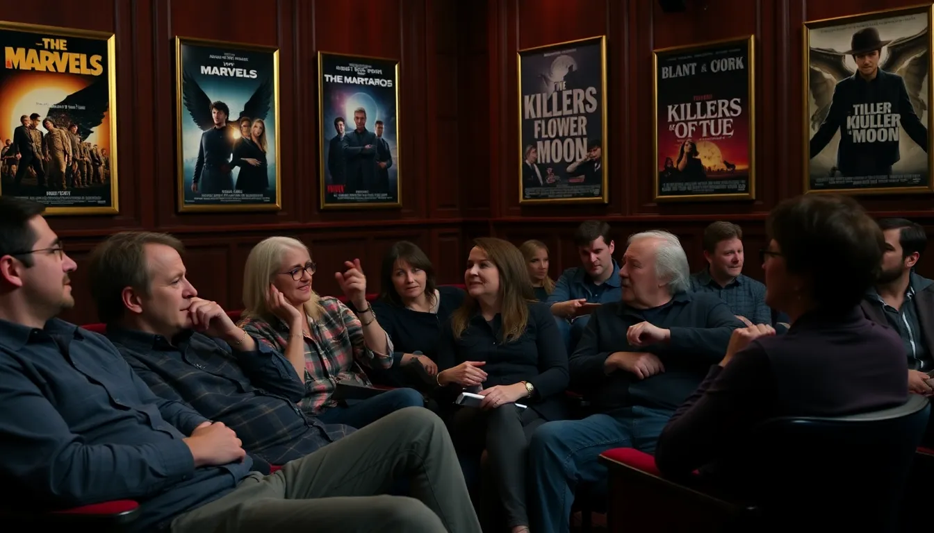 A group of film critics gathers in a cozy theater, animatedly discussing the latest movie releases while surrounded by promotional posters of "The Marvels" and "Killers of the Flower Moon."