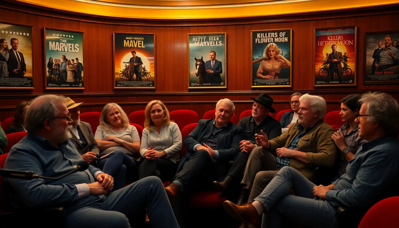 A bustling cinema filled with eager moviegoers, illustrating the excitement surrounding the release of nine new films and the diverse narratives they bring to audiences this week