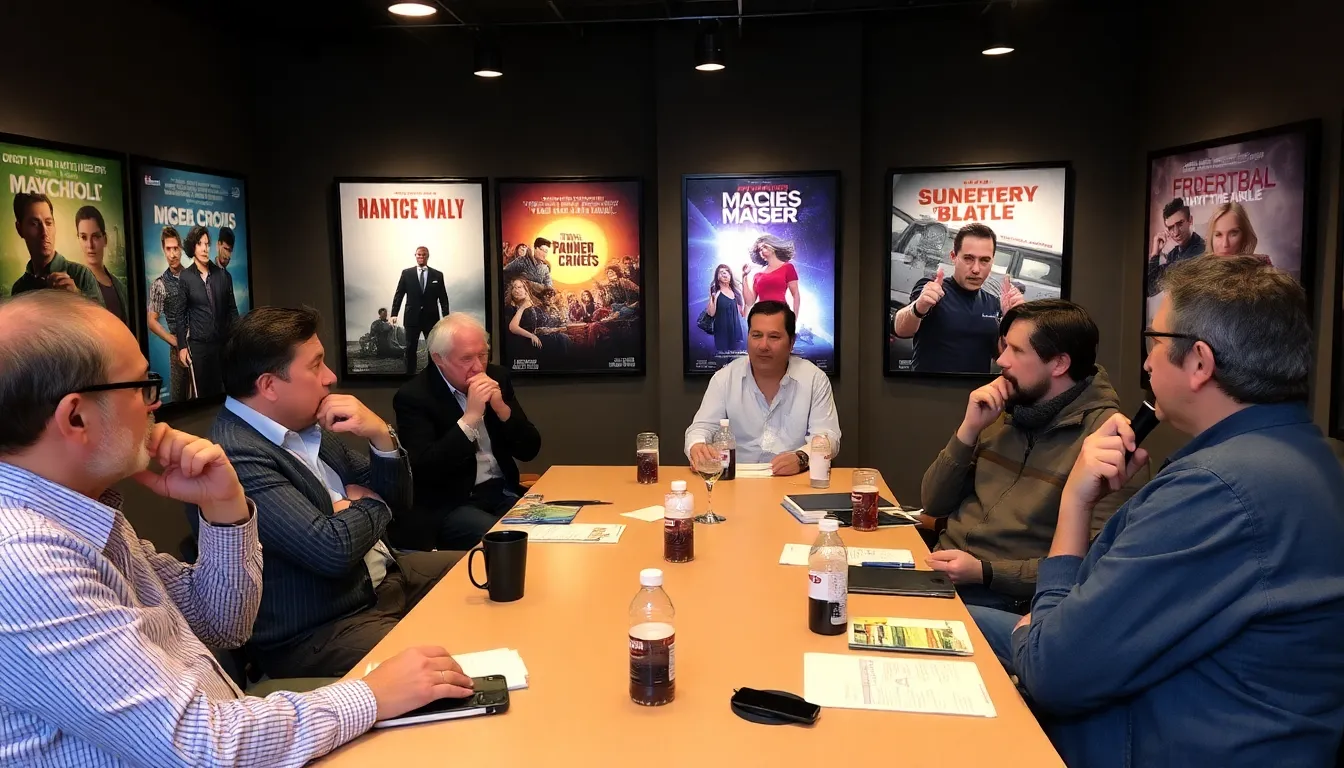 Film critics gather at a roundtable discussion, passionately sharing their insights on the latest movie releases while surrounded by promotional posters of the featured films.