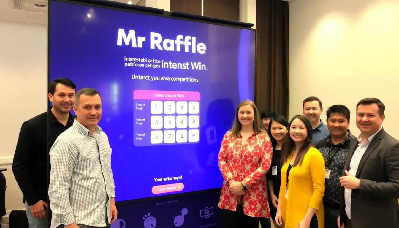 A group of excited participants gathers around a digital display showcasing the new Mr Raffle platform at a launch event, highlighting the growing interest in instant win competitions.