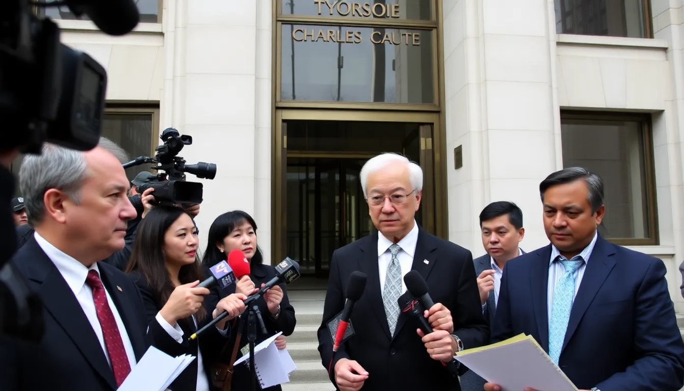 A group of reporters gathers outside a courthouse in New York, discussing the recent conviction of Charles Lee for acting as an unregistered agent of the Chinese government.