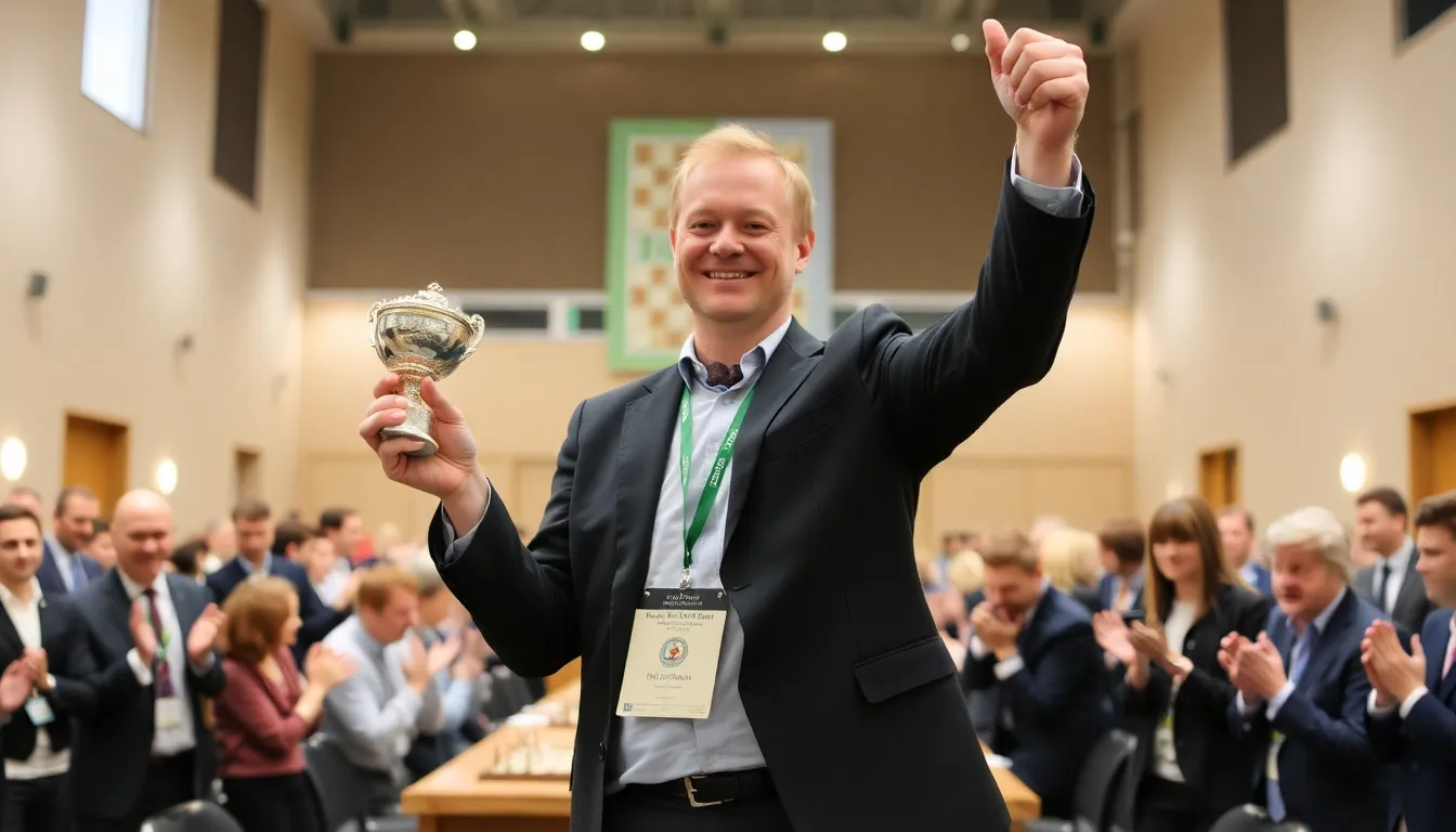 Hans Niemann celebrates his victory at the Warsaw Chess Tournament, holding a trophy and surrounded by fellow competitors and spectators.