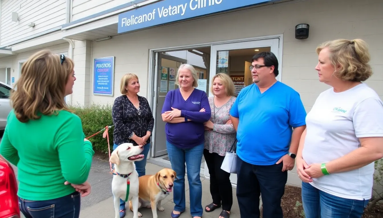 A group of pet owners gathers outside a veterinary clinic in Jersey, discussing the recent decision to allow overthecounter flea treatments for pets.