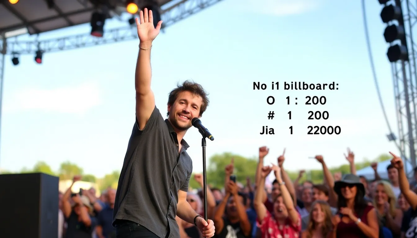 Noah Kahan stands on stage with a microphone, celebrating his first No. 1 album on the Billboard 200 chart with The Great Divide as fans cheer enthusiastically in the background.