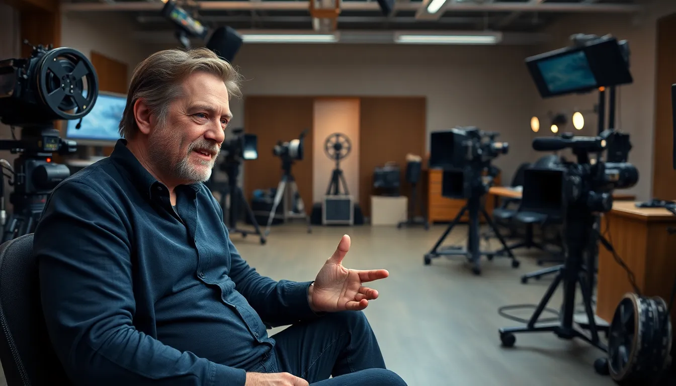 Christopher Nolan speaks passionately during an interview about the significance of his upcoming film The Odyssey, surrounded by film reels and IMAX equipment.