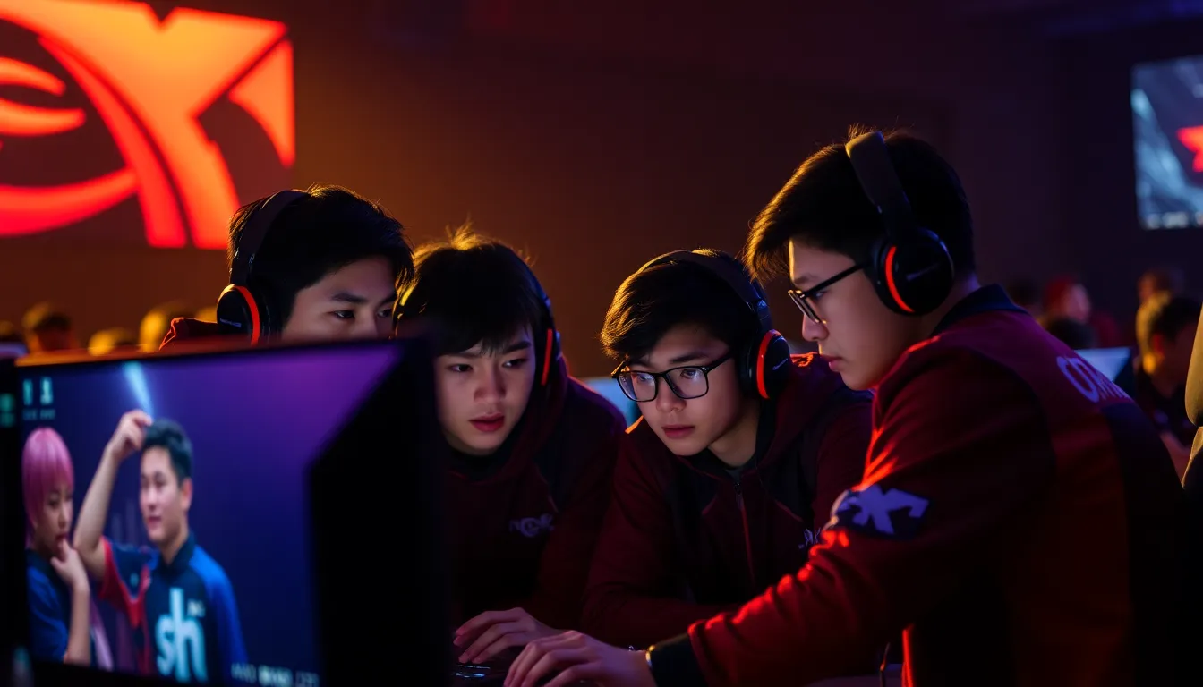 Nongshim RedForce players huddle together during a tense moment in a League of Legends match, displaying focused expressions as they strategize for their next move.