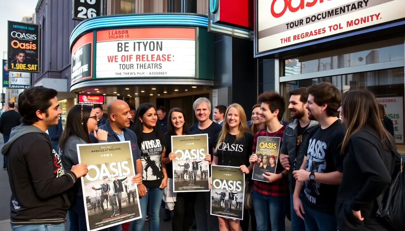 Fans gather outside a movie theater, eagerly discussing the upcoming release of the Oasis tour documentary set to premiere in IMAX and theaters.