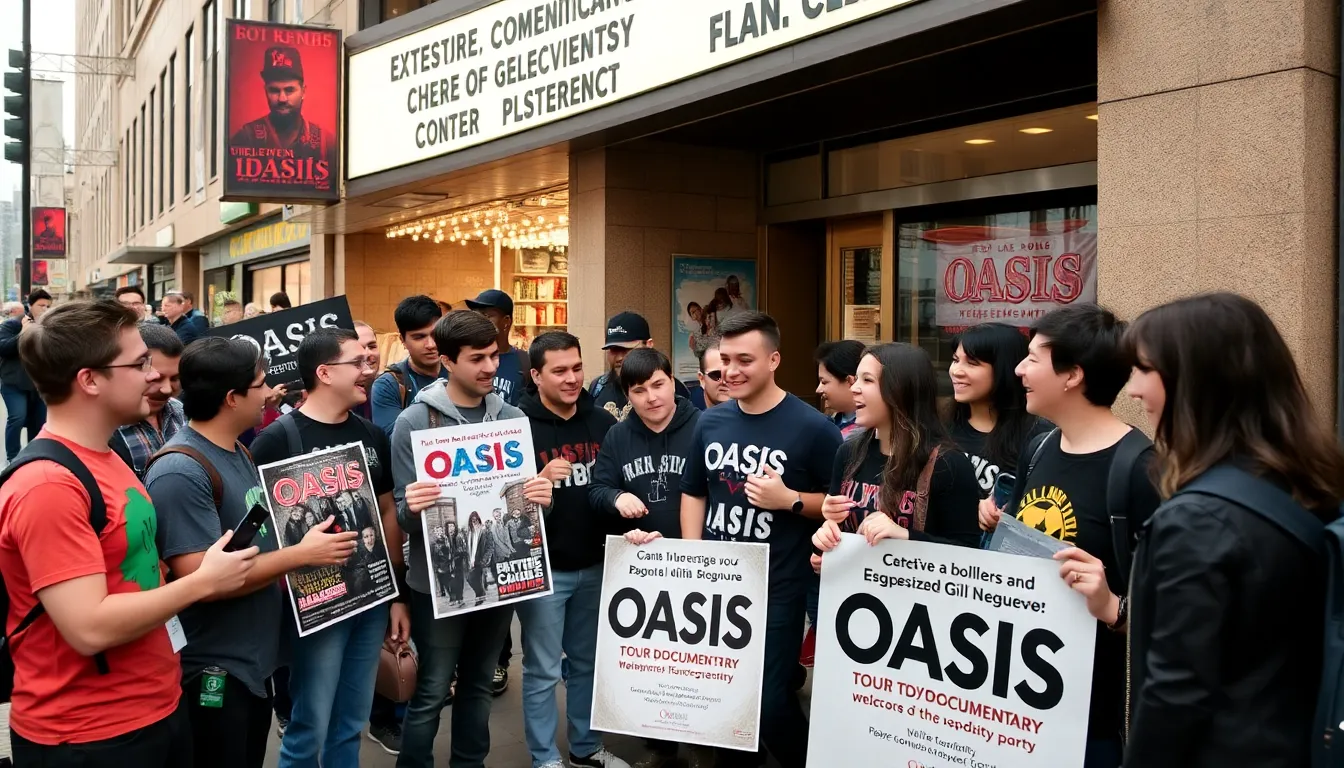 A nostalgic scene featuring enthusiastic fans cheering at a packed concert, highlighting the band's impact on the music scene of the 90s
