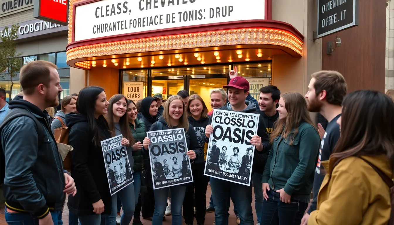 A vibrant promotional event with fans gathering to celebrate the upcoming release of the Oasis documentary, reflecting the enduring love for the band