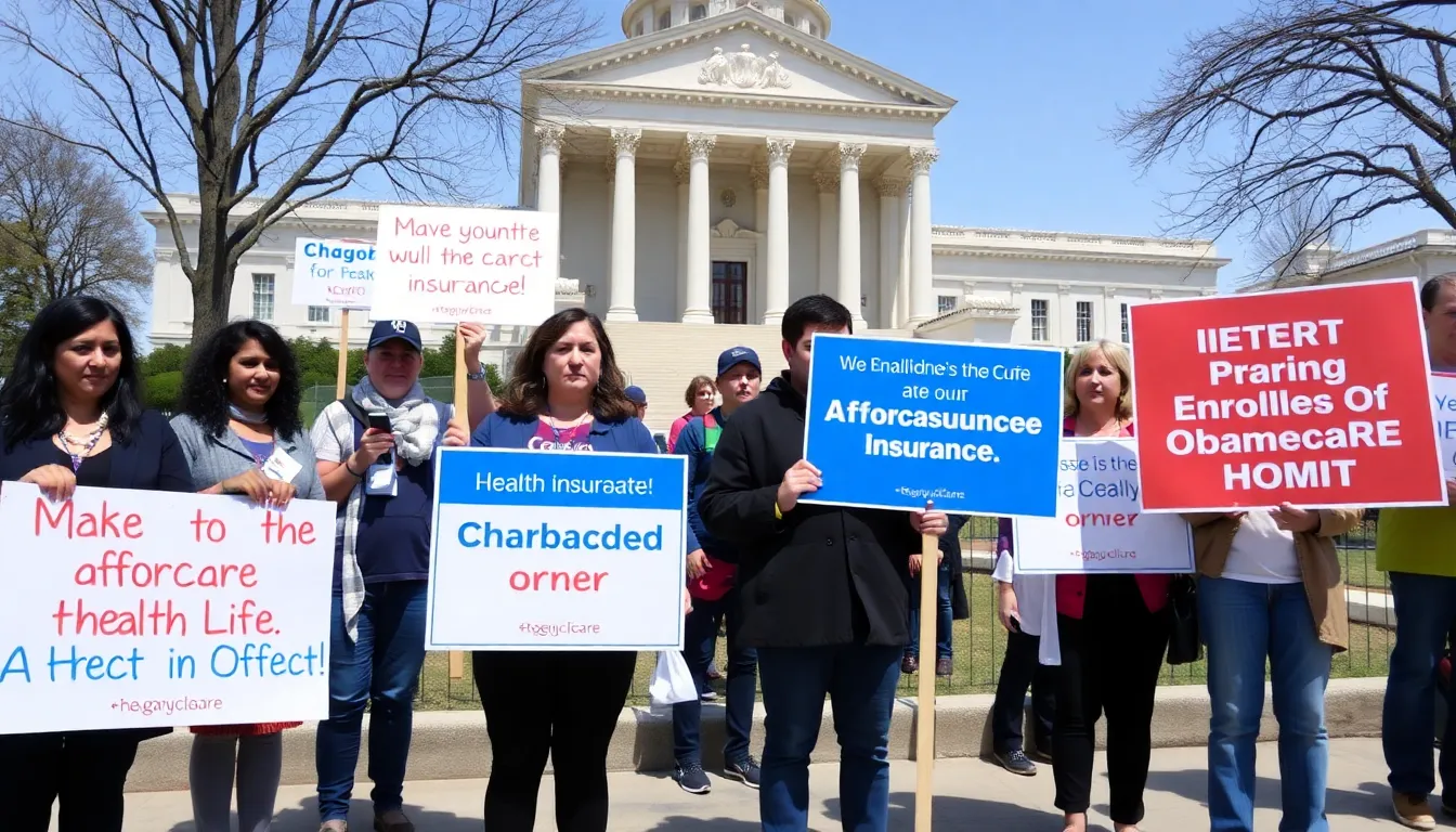 A group of concerned healthcare advocates gathers outside a government building, holding signs that call for affordable health insurance as they discuss the recent decline in Obamacare enrollment.