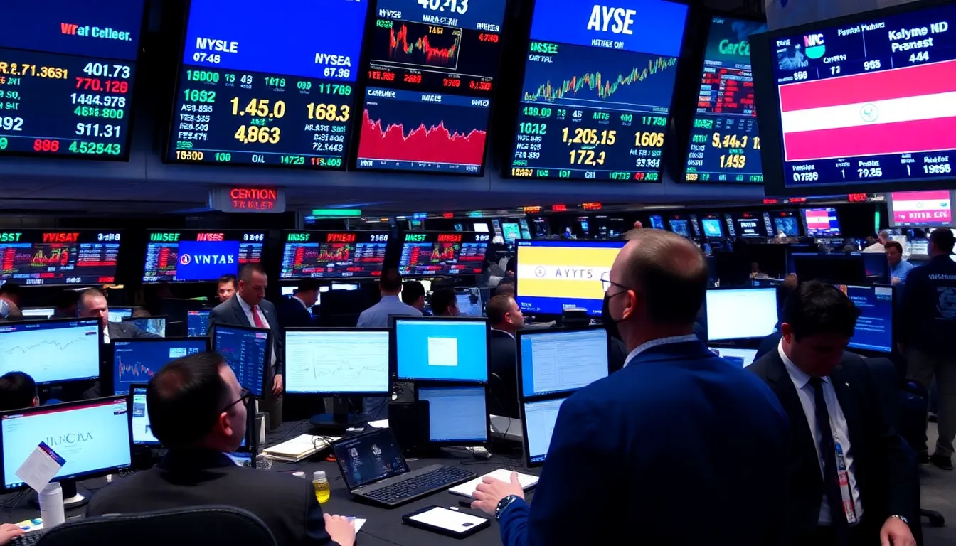 A bustling trading floor shows financial analysts intently monitoring screens displaying rising oil prices amid discussions of geopolitical tensions surrounding Iran.