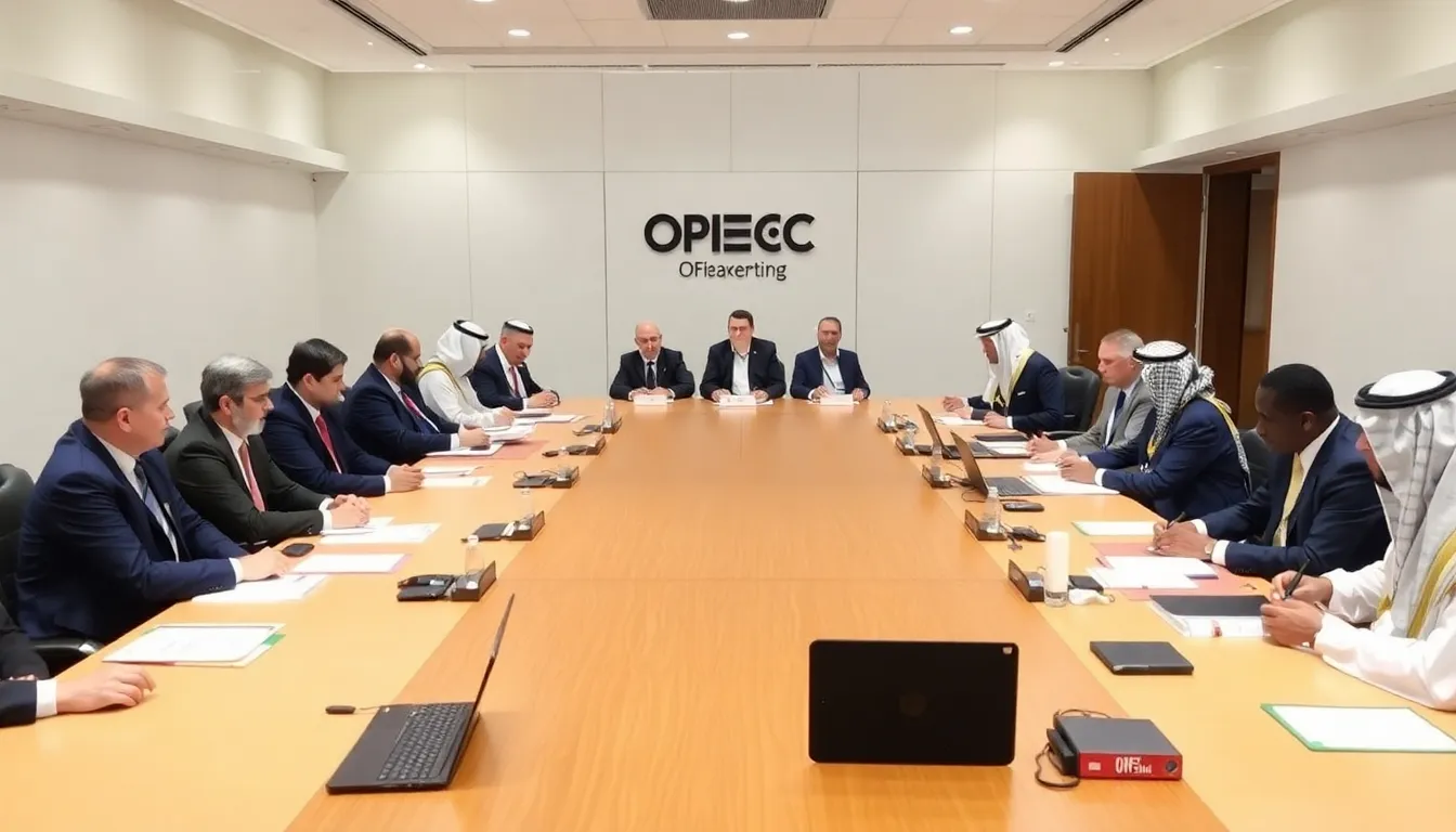 OPEC Plus representatives gather around a conference table, discussing plans to increase oil production quotas in response to rising global demand.