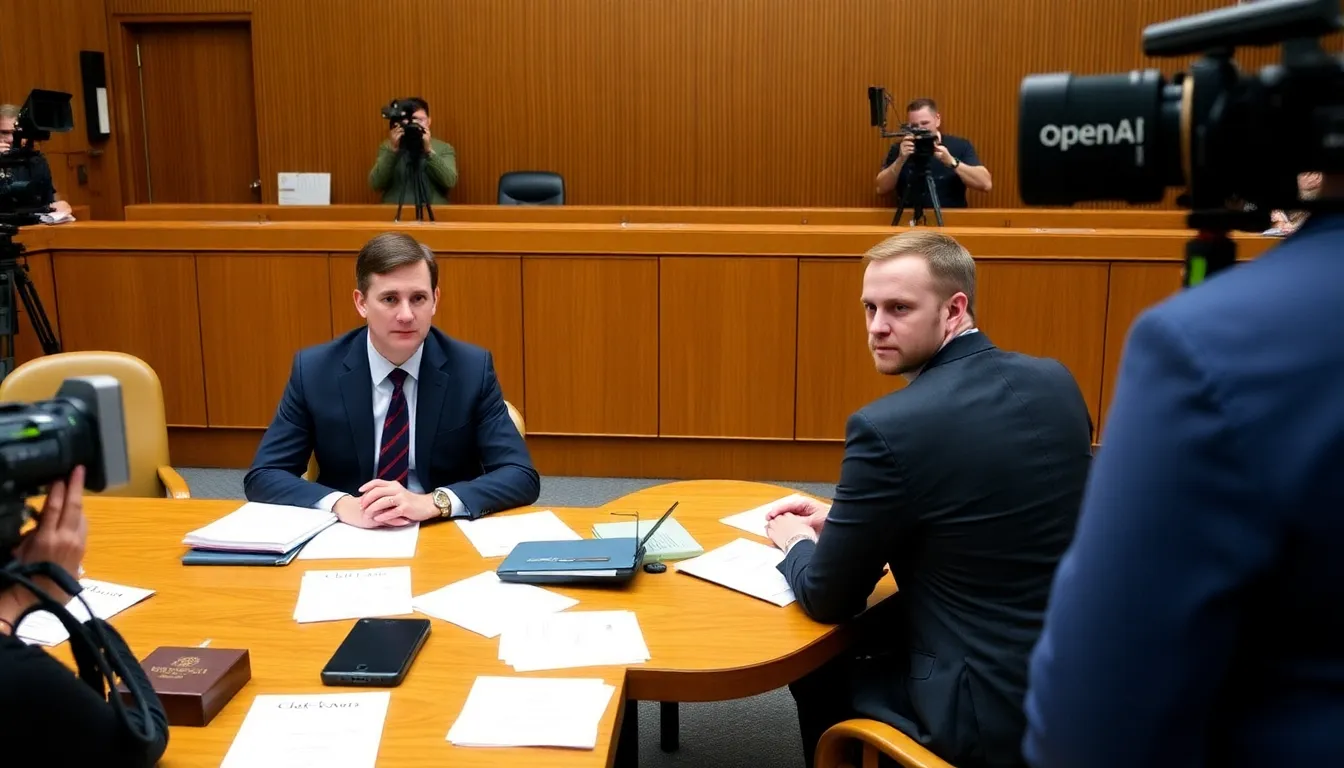 Sam Altman and Greg Brockman sit at a table in a San Francisco federal courtroom as they prepare to testify in the trial concerning OpenAI's founding and allegations of intellectual property theft.