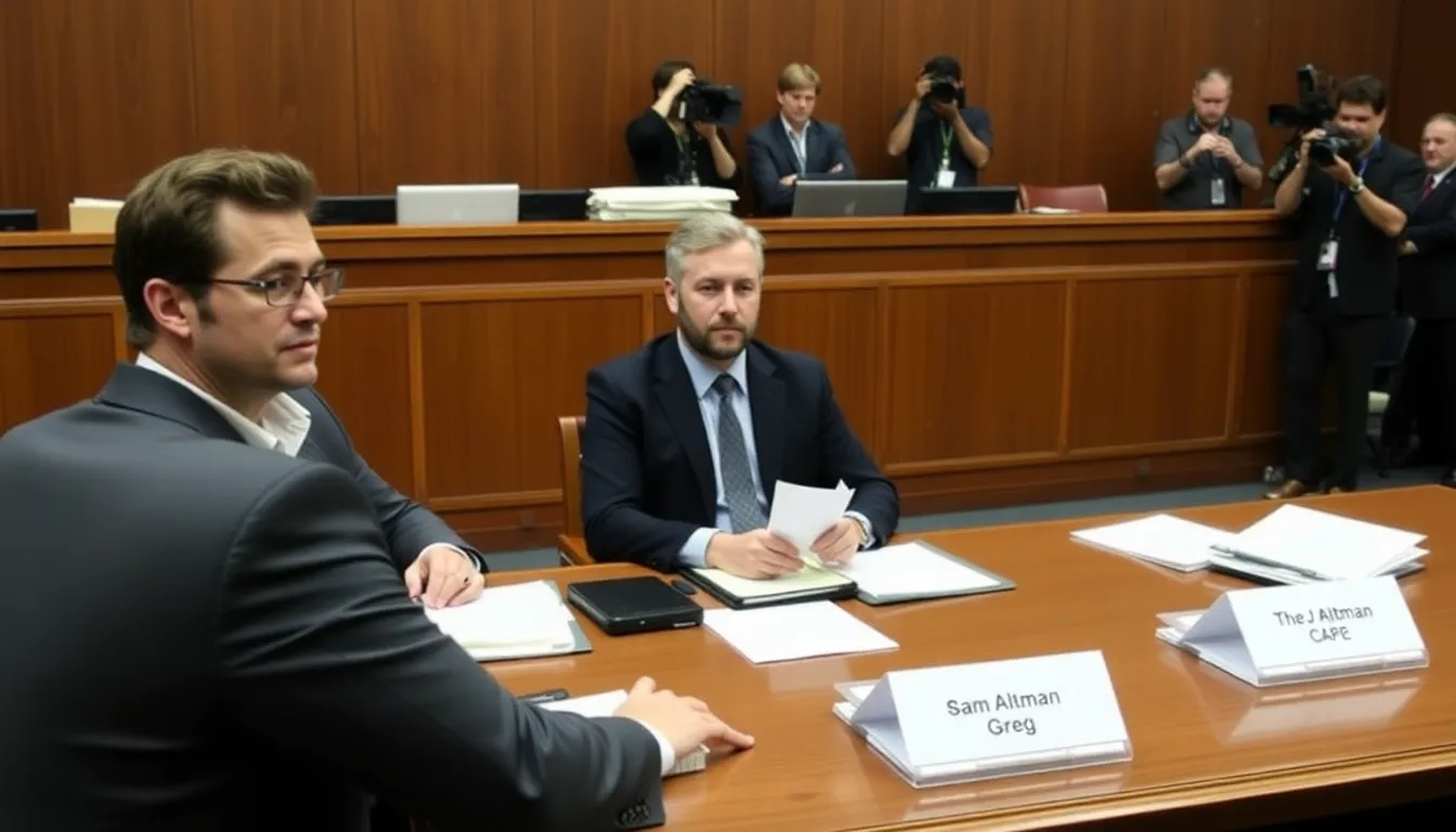 Sam Altman and Greg Brockman seated at the witness stand, preparing to share their insights on OpenAI's founding principles and practices
