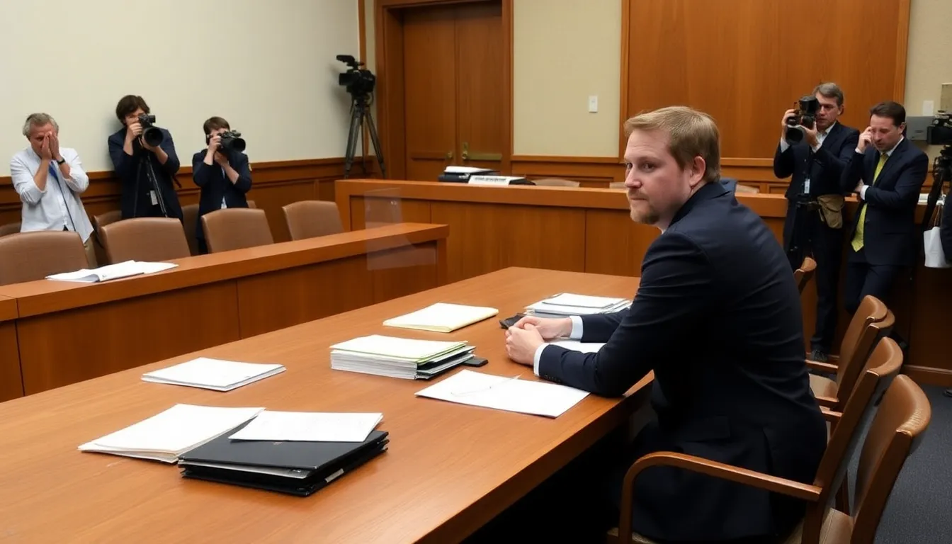 A diverse group of stakeholders, including tech industry leaders and AI ethicists, attentively observing the trial proceedings and engaging in discussions about the implications for AI development
