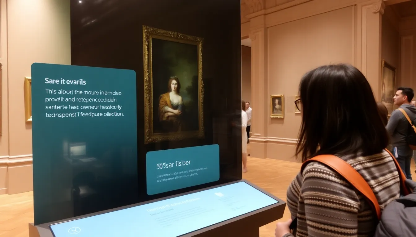 Visitors at the Musée d'Orsay engage with an interactive display encouraging them to share information about the ownership history of various artworks in the museum's collection.