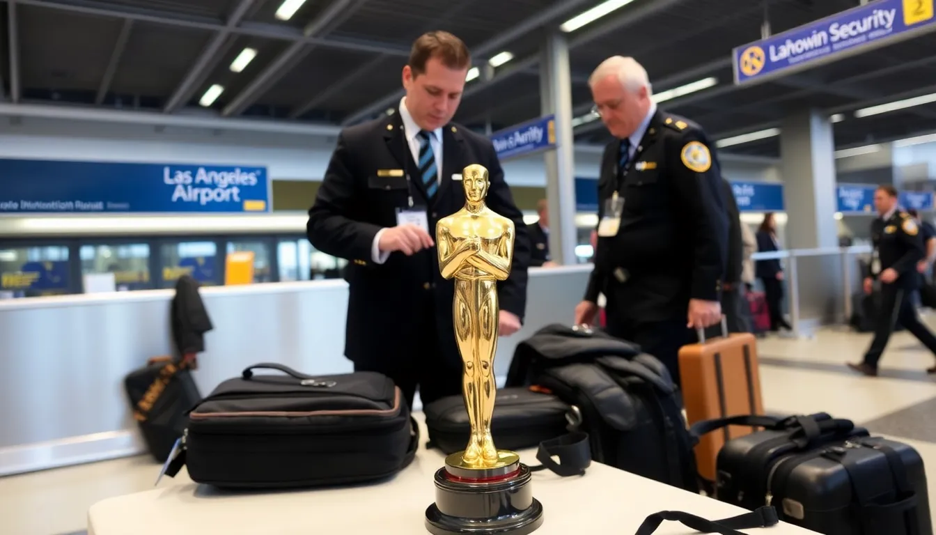 Security officials at Los Angeles International Airport examine an Oscar trophy after its winner was denied boarding a flight due to carryon regulations.