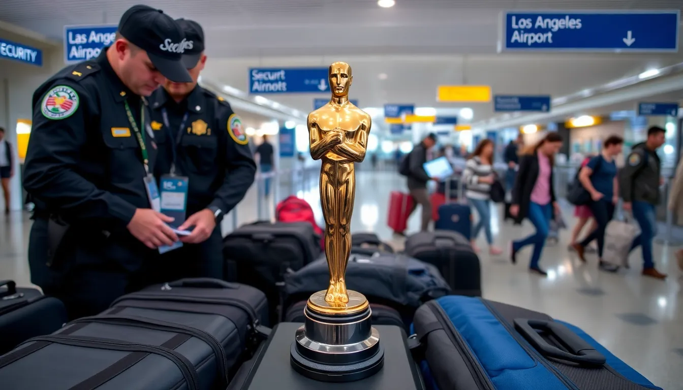 Airport officials are seen collaborating with representatives from the Academy to ensure the safe retrieval of the missing Oscar statuette