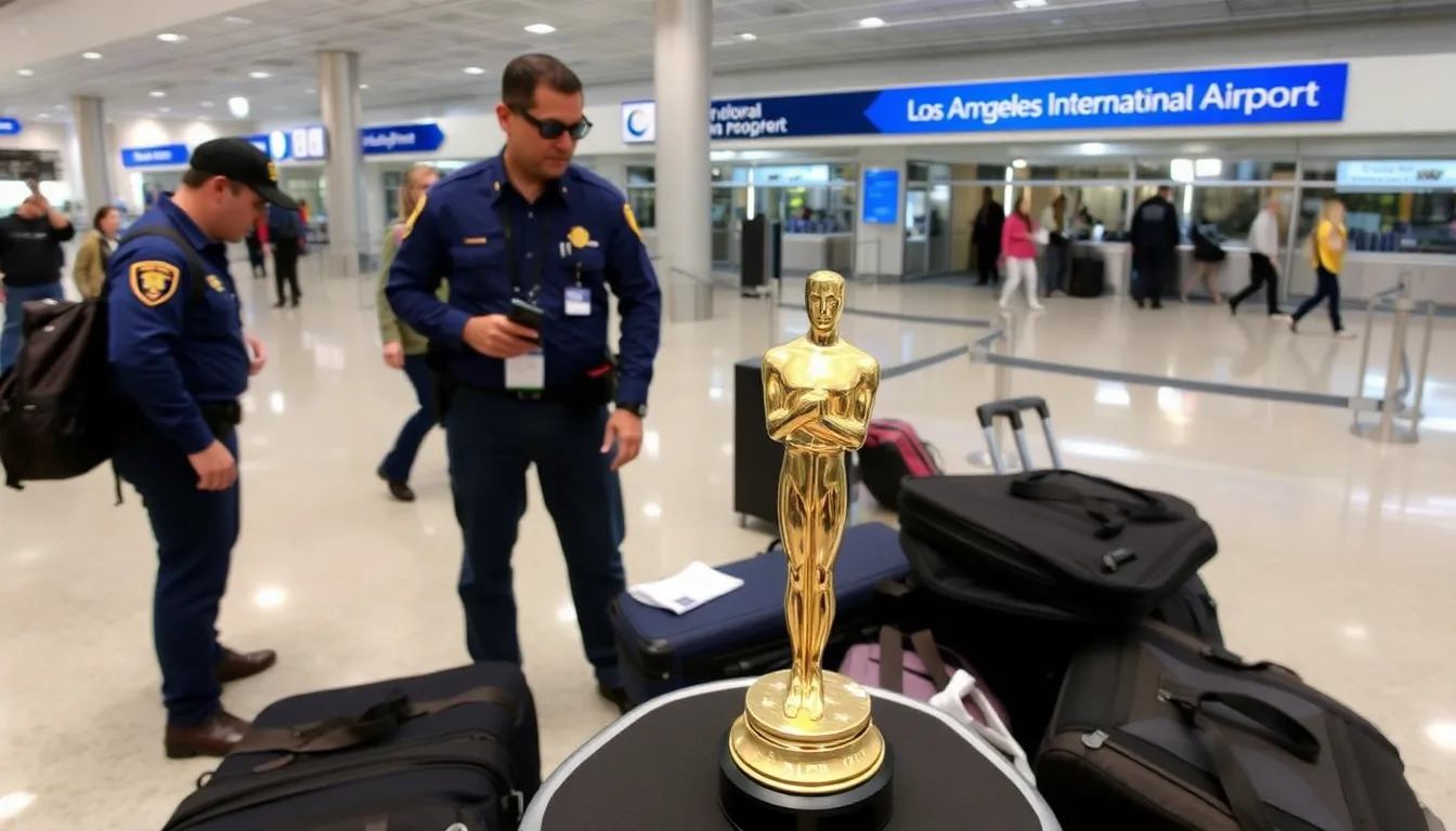 A closeup of the Oscar trophy highlights its intricate design and craftsmanship, emphasizing its value and significance in the film industry