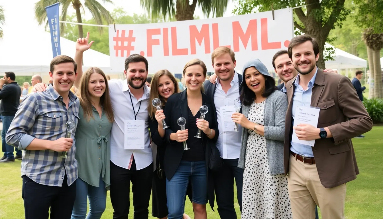 A group of filmmakers and actors celebrate together at a film festival, holding awards and smiling joyfully after the announcement of their film's success.