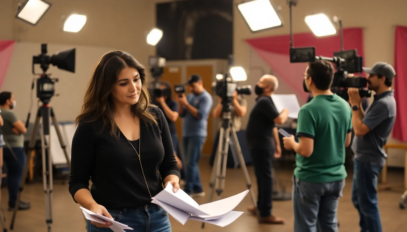 Paulina García stands on a film set, reviewing scripts while surrounded by crew members preparing for her directorial debut of The Passion According to Carmen.