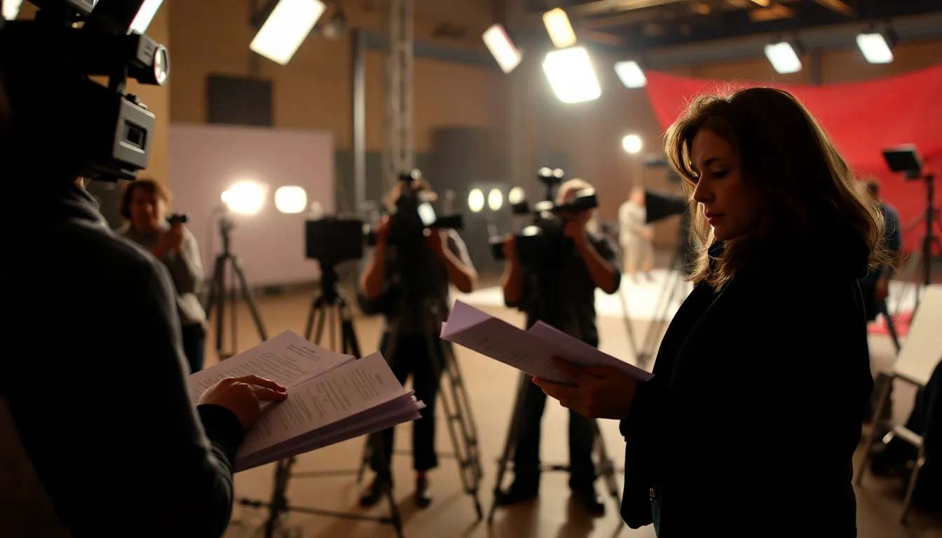 The film crew collaborates on set, brainstorming creative ideas to enhance the storytelling experience