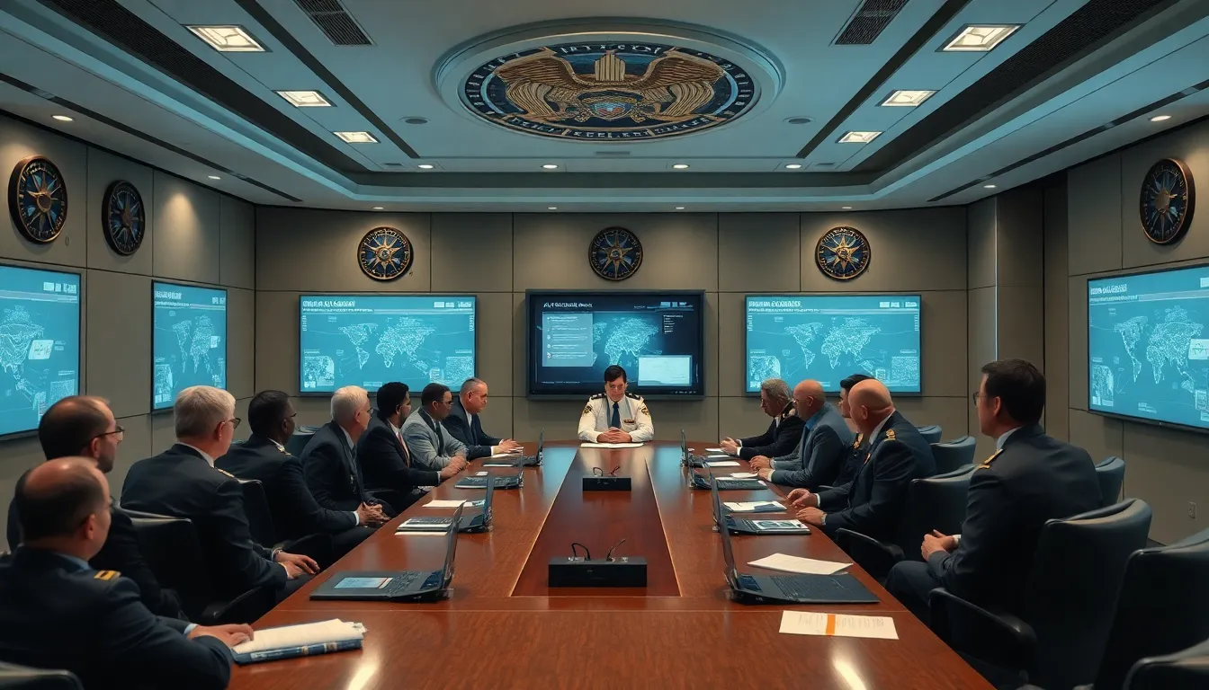 A group of Pentagon officials discusses strategic partnerships with A.I. company representatives in a conference room filled with digital displays and military insignia.
