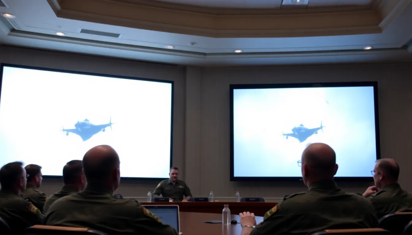 A group of military personnel observes a screen displaying footage of unidentified aerial phenomena during a Pentagon briefing on recent UFO sightings.
