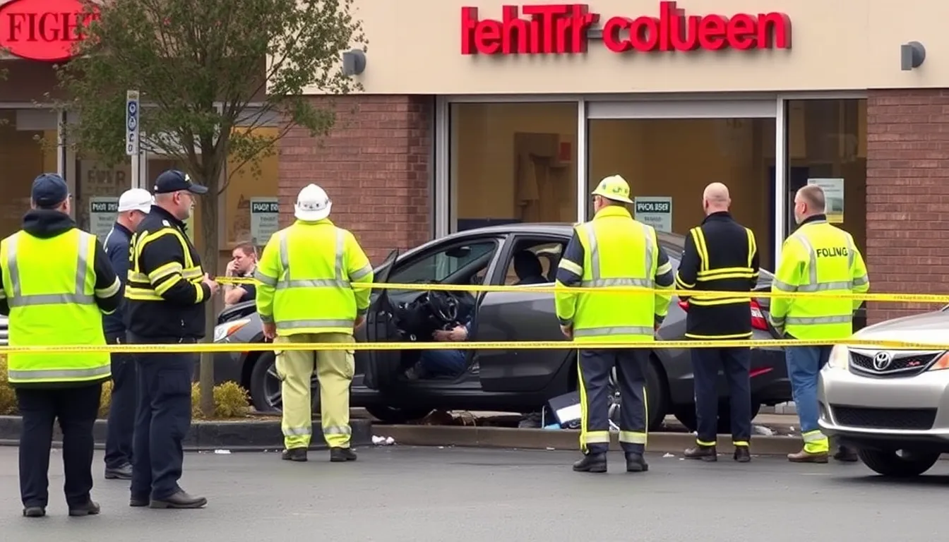 Emergency responders gather around a car that crashed into a health club in Portland, Oregon, where a deceased individual was discovered inside following the incident.