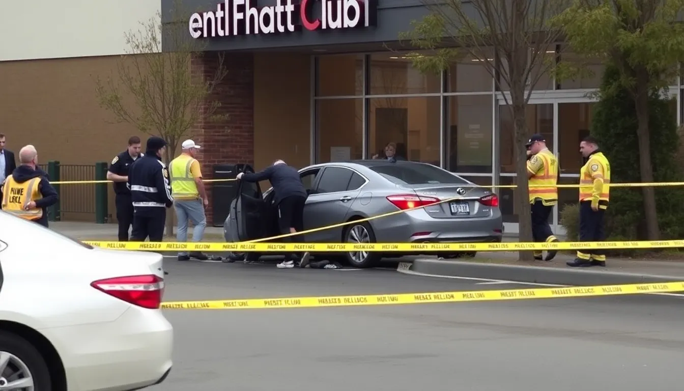 A damaged car positioned against the health club's exterior, illustrating the aftermath of the unfortunate incident