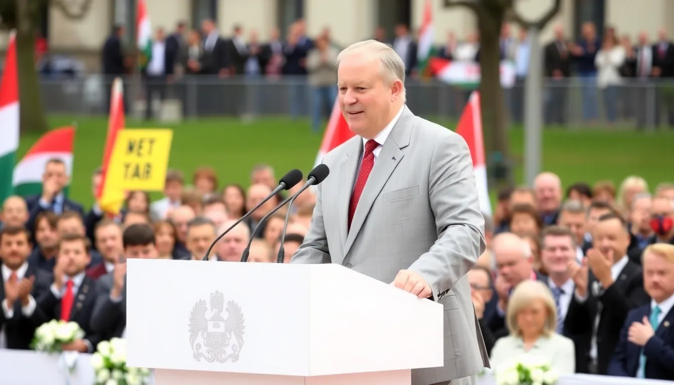 Peter Magyar stands at a podium during his inauguration ceremony as Hungary's new Prime Minister, with supporters cheering in the background.