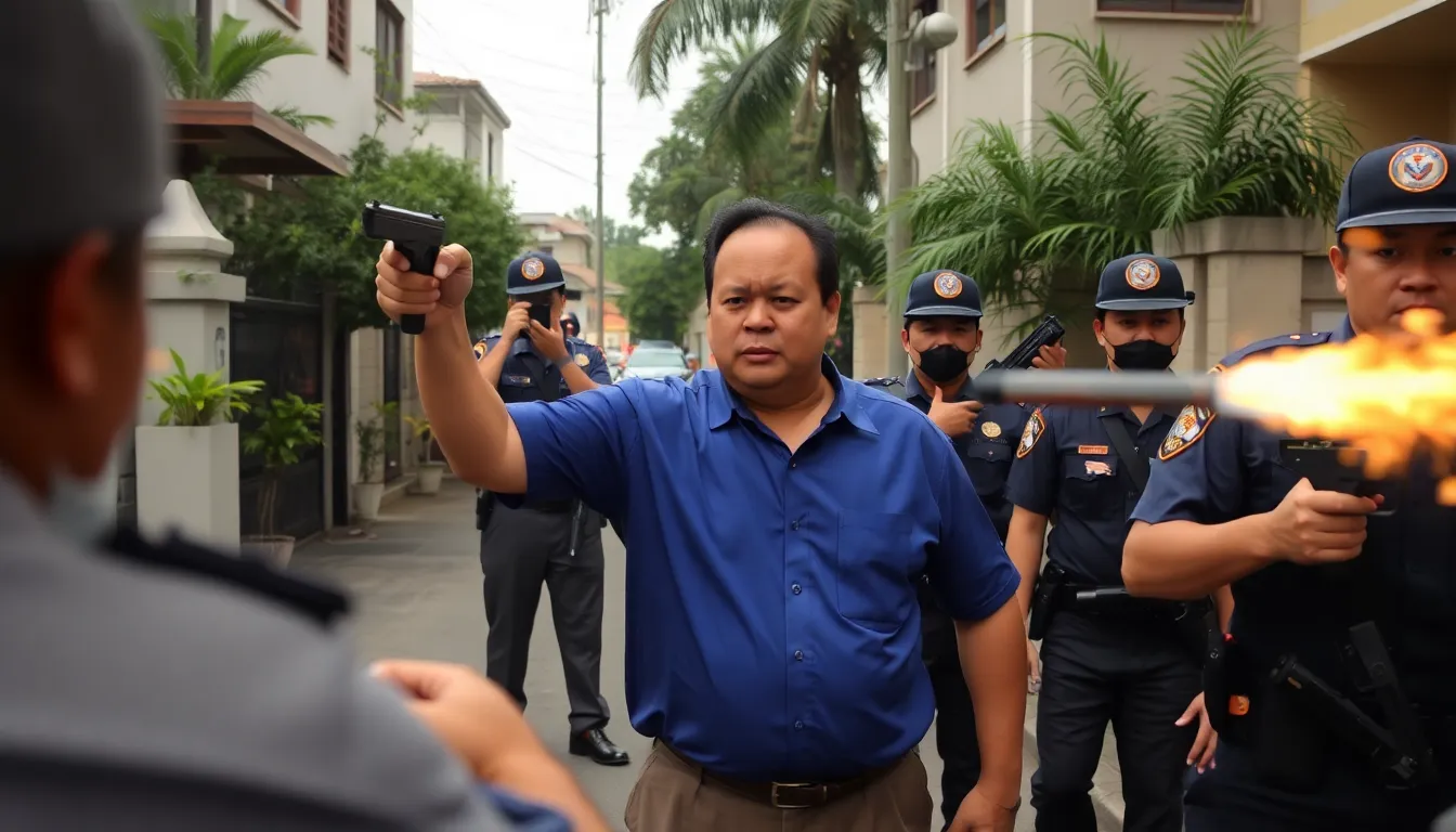 Senator Ronald Dela Rosa stands defiantly outside his residence as gunfire erupts during an attempted arrest by law enforcement, creating a chaotic scene amid ongoing tensions over human rights violations.