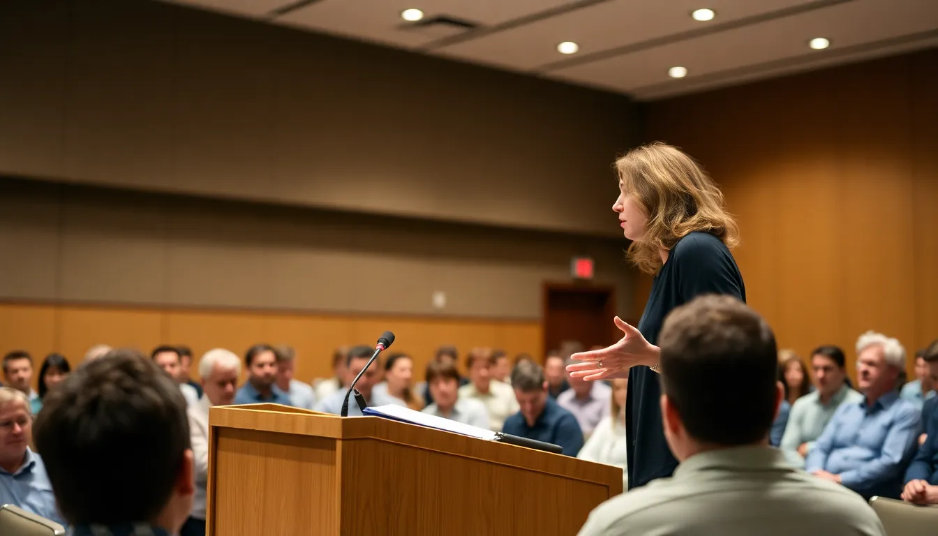 Dr. Elena Voss stands at a podium during a conference, passionately discussing her innovative approach that merges poetry with theoretical physics to engage a diverse audience in complex scientific concepts.