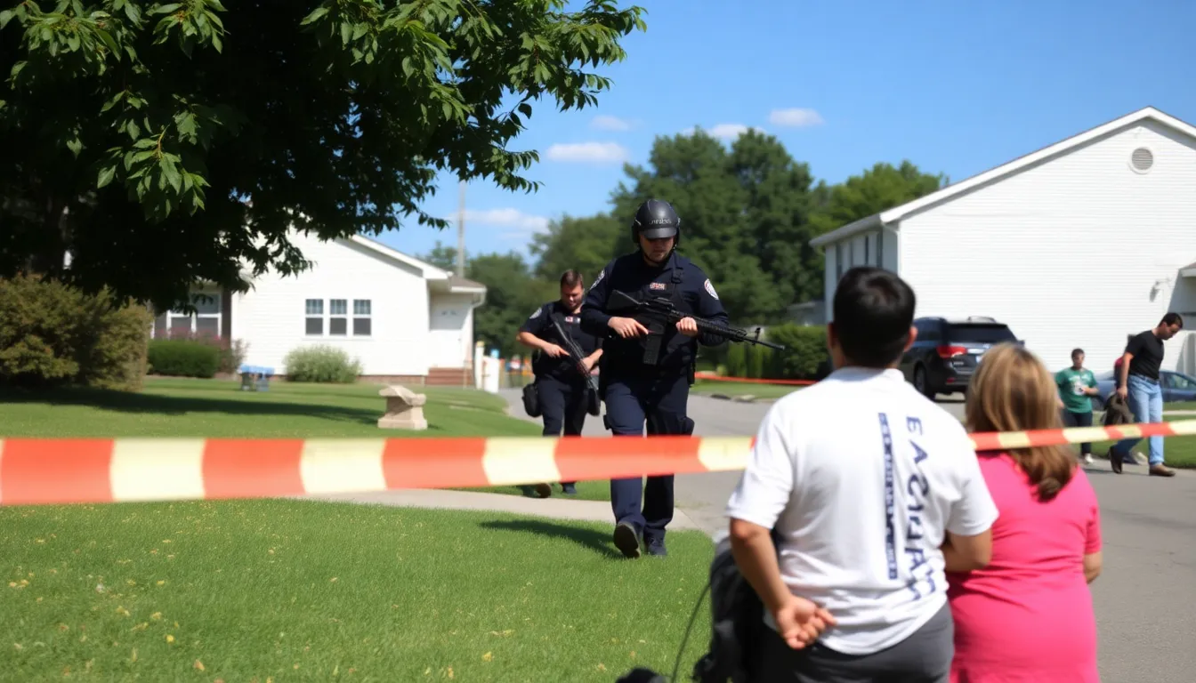Police officers in tactical gear conduct a search operation in a neighborhood known for drug and knife crime, with community members observing from a distance.