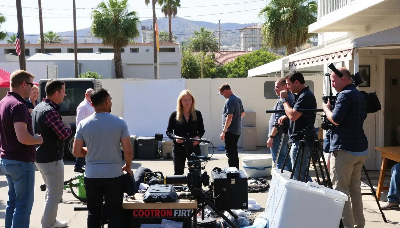 A bustling film set in Los Angeles showcases the cast and crew of Behind Closed Doors as they prepare for a scene in the highly anticipated political thriller.