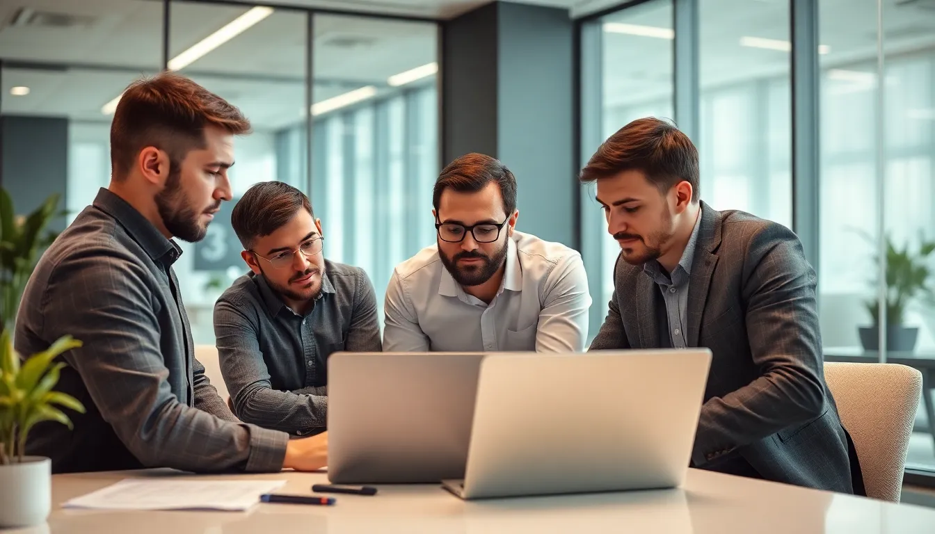 A group of analysts examines data on a laptop, discussing unusual betting patterns on Polymarket that may indicate insider trading.