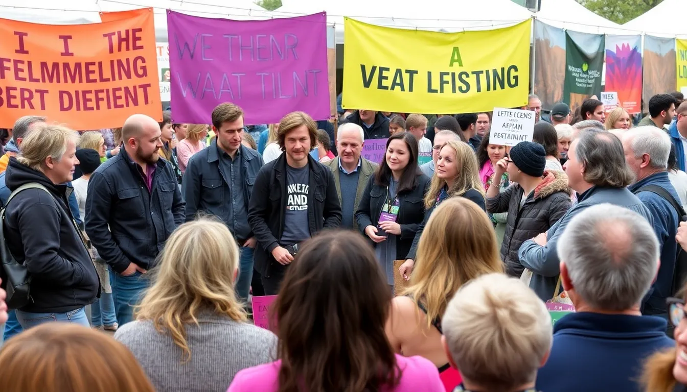 A group of filmmakers and environmental activists gather at a film festival, discussing the impact of storytelling on climate awareness and sustainability.