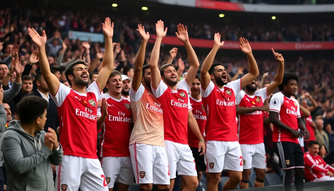 Fans cheer passionately in the stands as Arsenal celebrates a lastminute victory against Chelsea during a tense Premier League match.