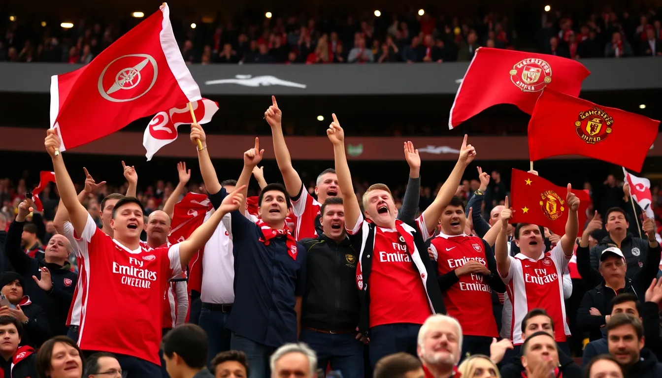 Fans celebrate Arsenal's victory over Manchester United at the Emirates Stadium, with supporters waving flags and cheering in the stands.