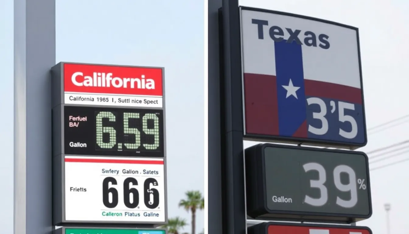 A gas station sign displays prices exceeding  per gallon in California, while another nearby sign shows prices below  per gallon in Texas, highlighting the stark contrast in fuel costs across states.
