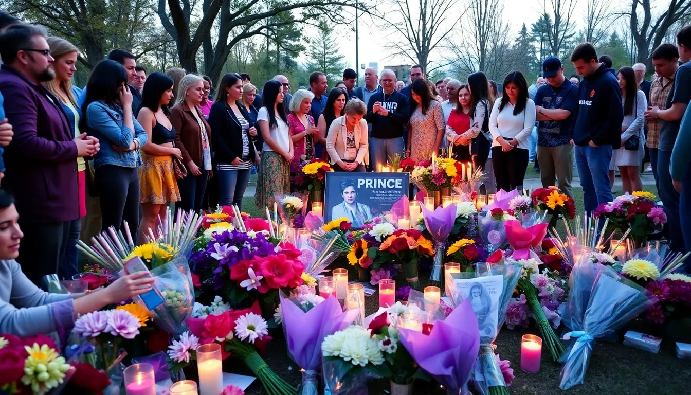 A group of fans gathers at a memorial site in Minneapolis, adorned with flowers and candles, to honor the legacy of Prince on the anniversary of his death.