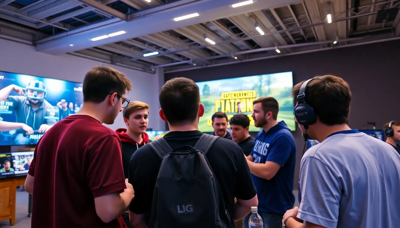 A group of esports players gathers around a large screen displaying the new PUBG tournament format, while discussing strategies and updates in a lively atmosphere.