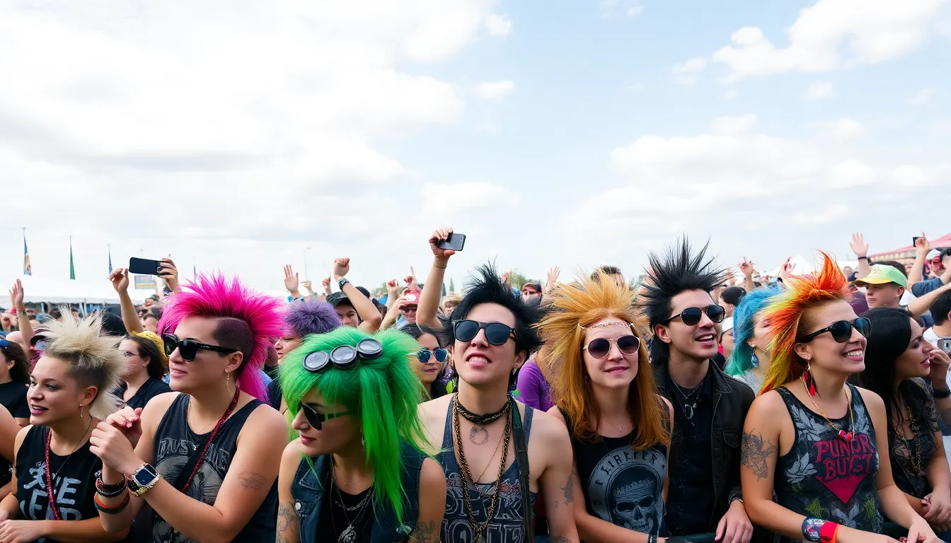 A crowd of punk enthusiasts gathers at an outdoor festival, showcasing vibrant hairstyles and eclectic fashion while passionately engaging with live music performances.