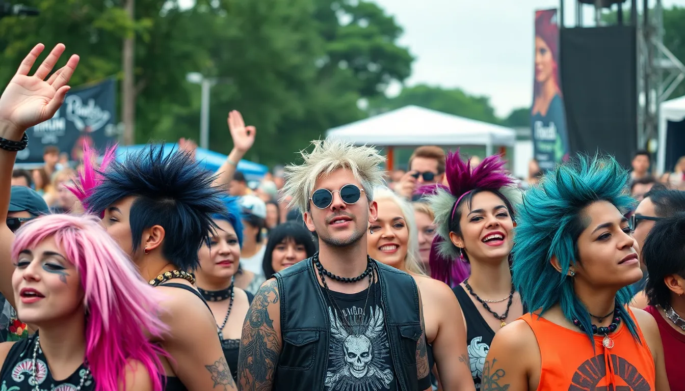 A group of young individuals sporting distinctive punk fashion, featuring leather jackets and bold hairstyles, embodying the spirit of the movement